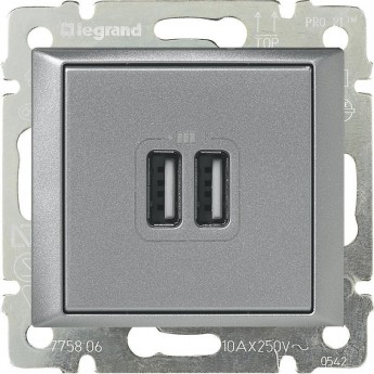 Зарядное устройство LEGRAND Valena с 2-мя коннекторами USB 1500 мА алюминий Зарядное устройство LEGRAND Valena с 2-мя коннекторами USB 1500 мА алюминий